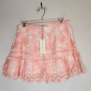 NWT LoveShackFancy Jimena Mini Skirt Coral Romance Smocked Stretch Size XL